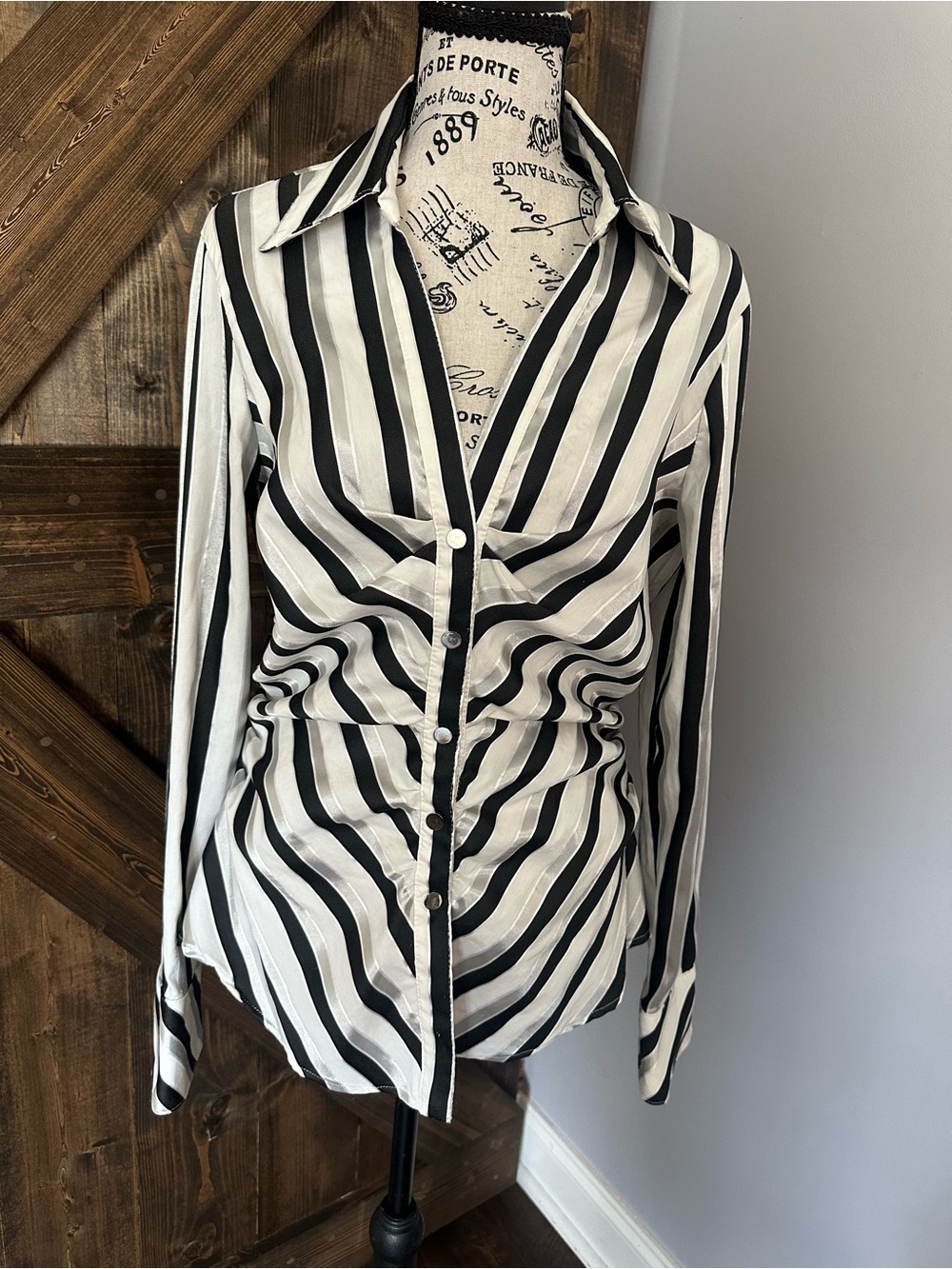 Cache Black and White Vertical Stripe Button-Down Shirt